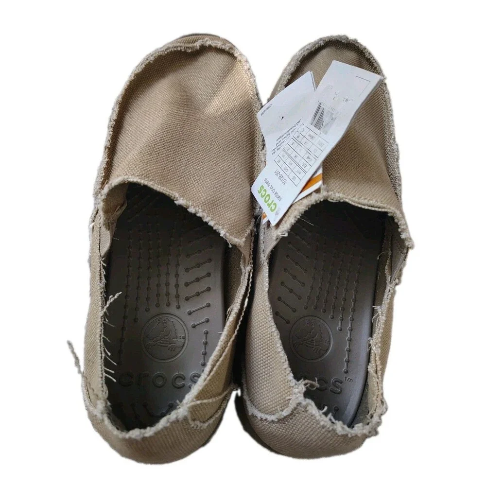 NWT Crocs Santa Cruz Slip On Canvas Loafers Men Size 11 Tan Khaki Frayed